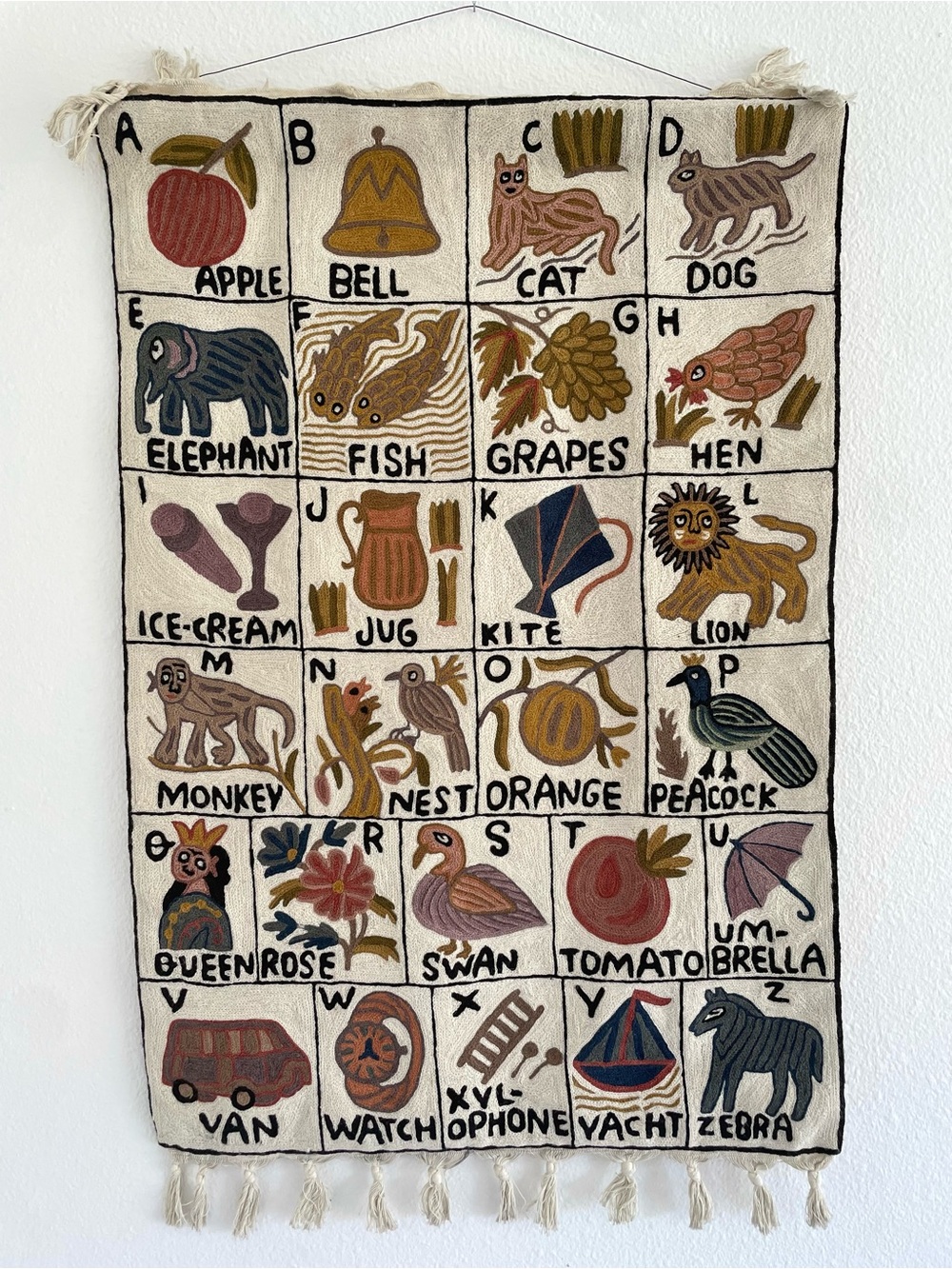 Vintage Kashmiri Chain Stitch Embroidered ABC Alphabet Tapestry Wall Hanging